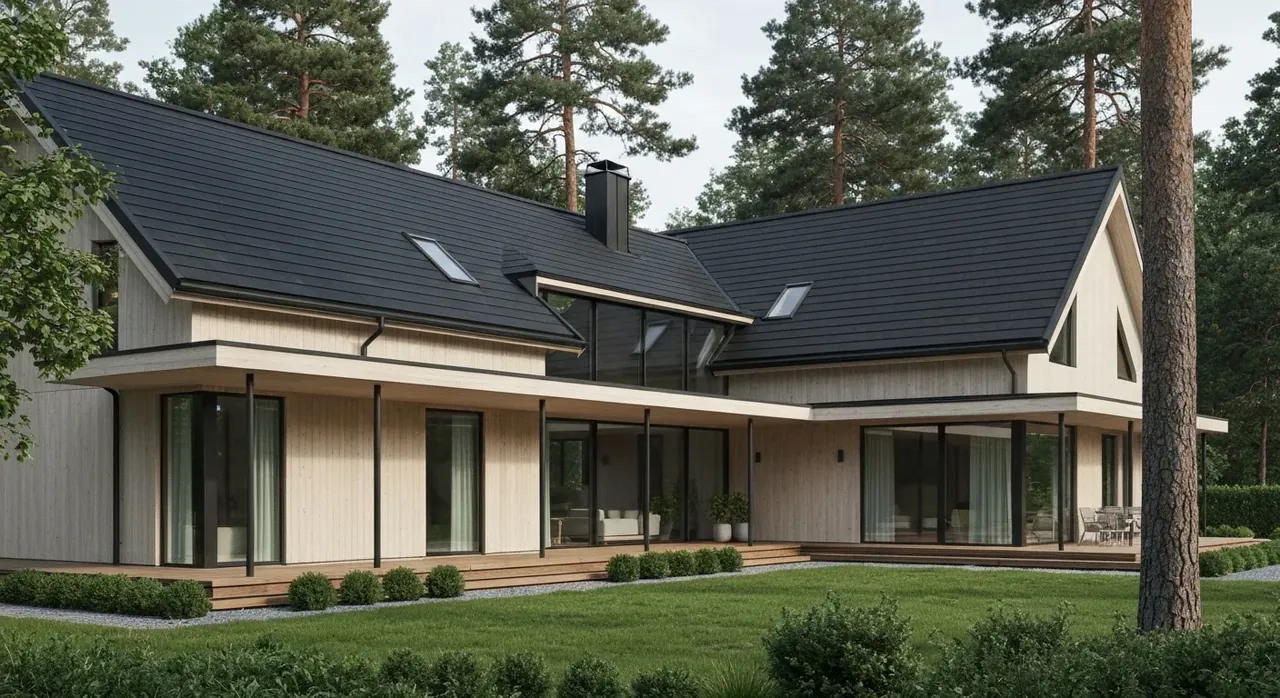 Närbild på shingeltak som täckmaterial över en altan på en villa