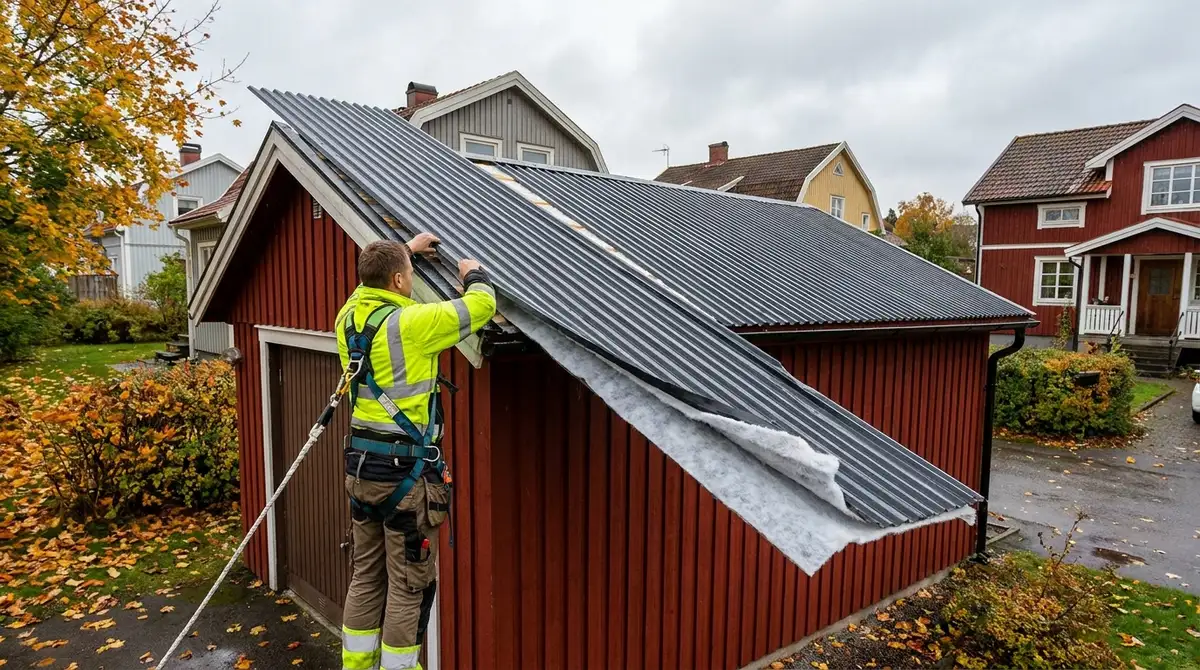 Plåtslagare monterar ny trapetsplåt med vit antikondensduk på undersidan på rött garage en höstdag