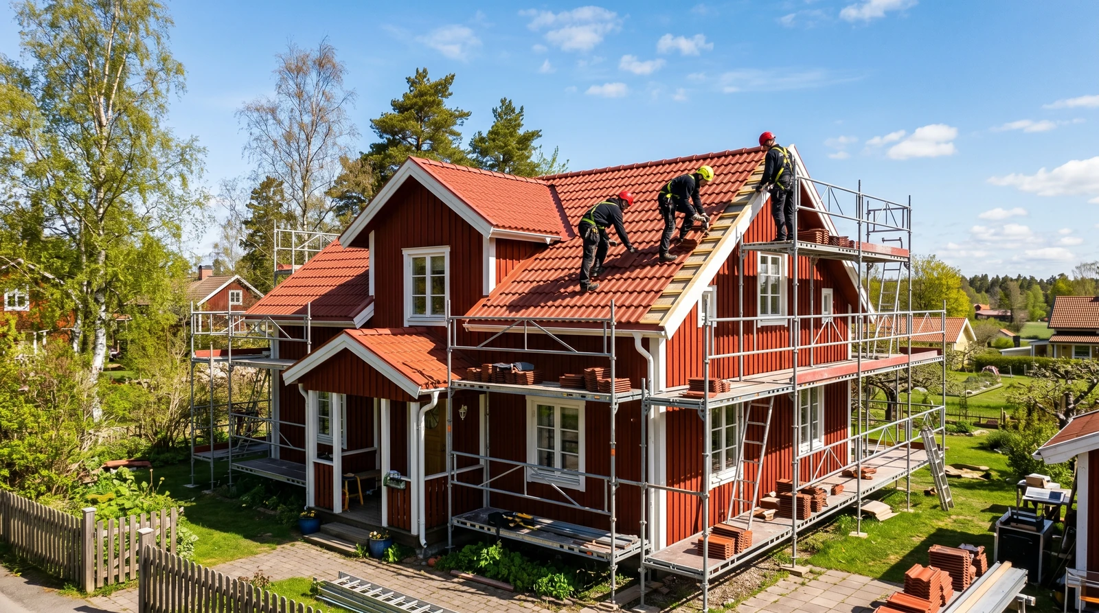 Byta tak på hösten — takläggare arbetar på hus i höstklimat i Göteborg