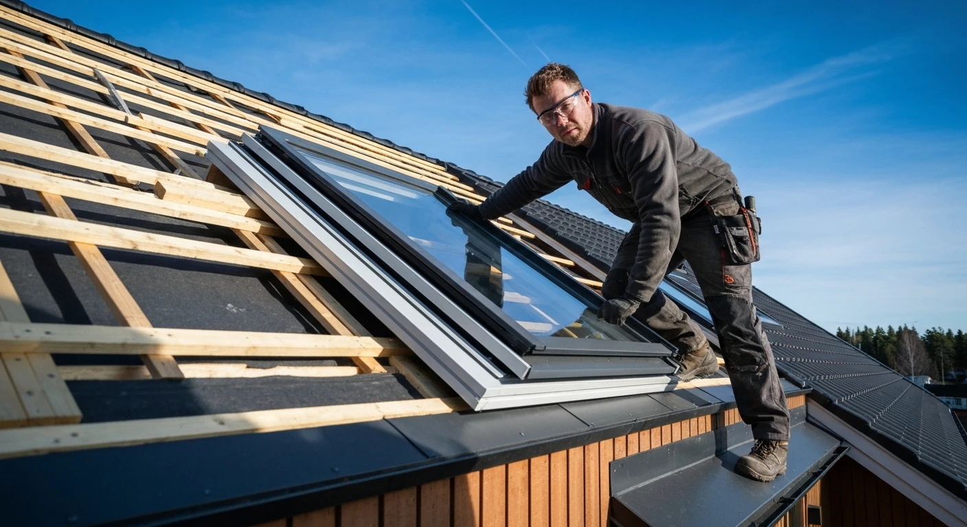 Takfönster — installerat takfönster på villa med snickare vid takkupa