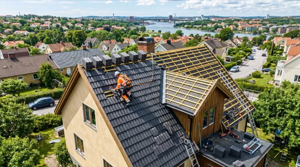 Byta tak på sommaren – takläggare lägger nya takpannor på villa en solig sommardag i Göteborg