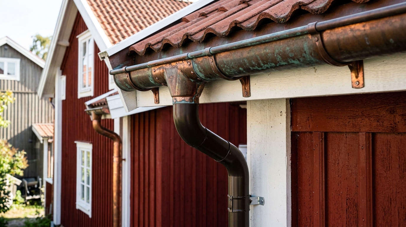 Plåtslagare monterar hängrännor i Göteborg