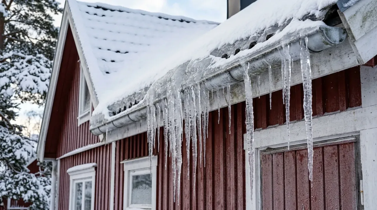Långa istappar hänger från frusen hängränna vid takfoten på hus i Göteborg vintertid