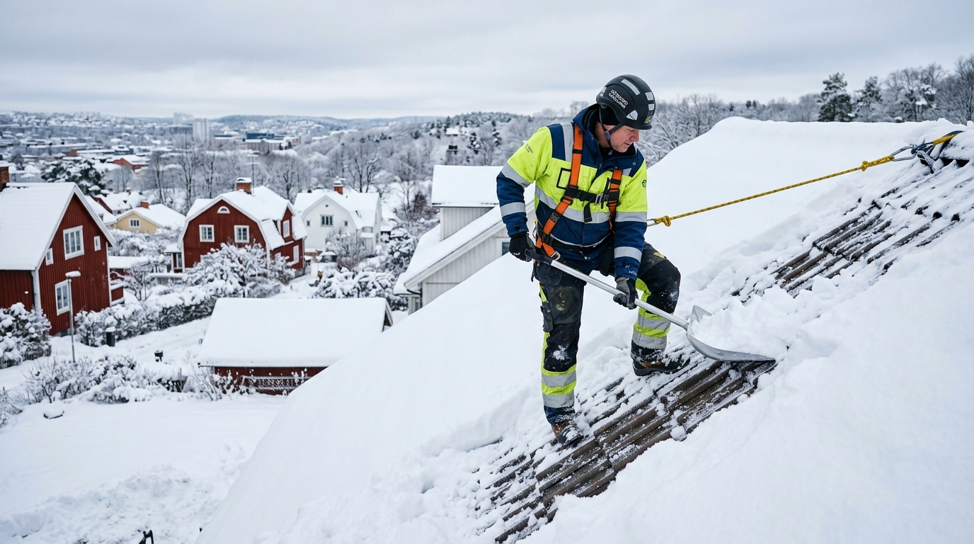 Snöskottning av tak i Göteborg