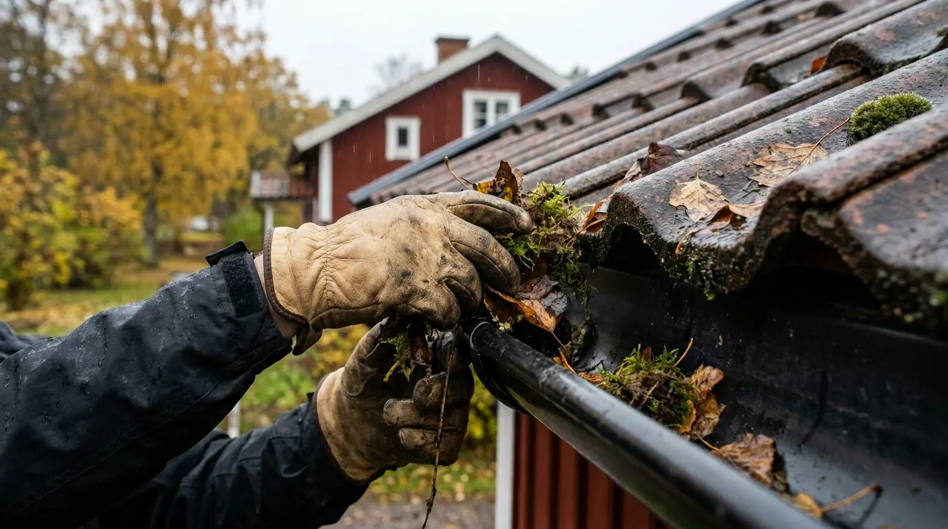 Takläggare rensar hängränna full med blöta höstlöv inför vintern