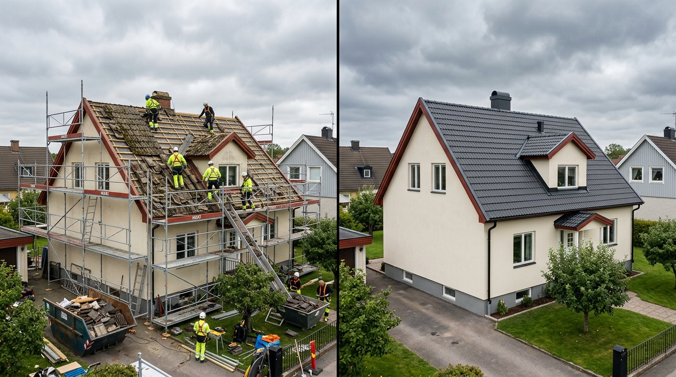 Takläggare byter tak på villa i Göteborg