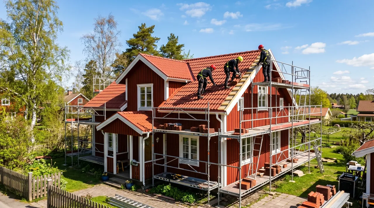 Nytt tegelrött tak på villa efter sommartakbyte under blå himmel – pris och ROT-avdrag i Göteborg