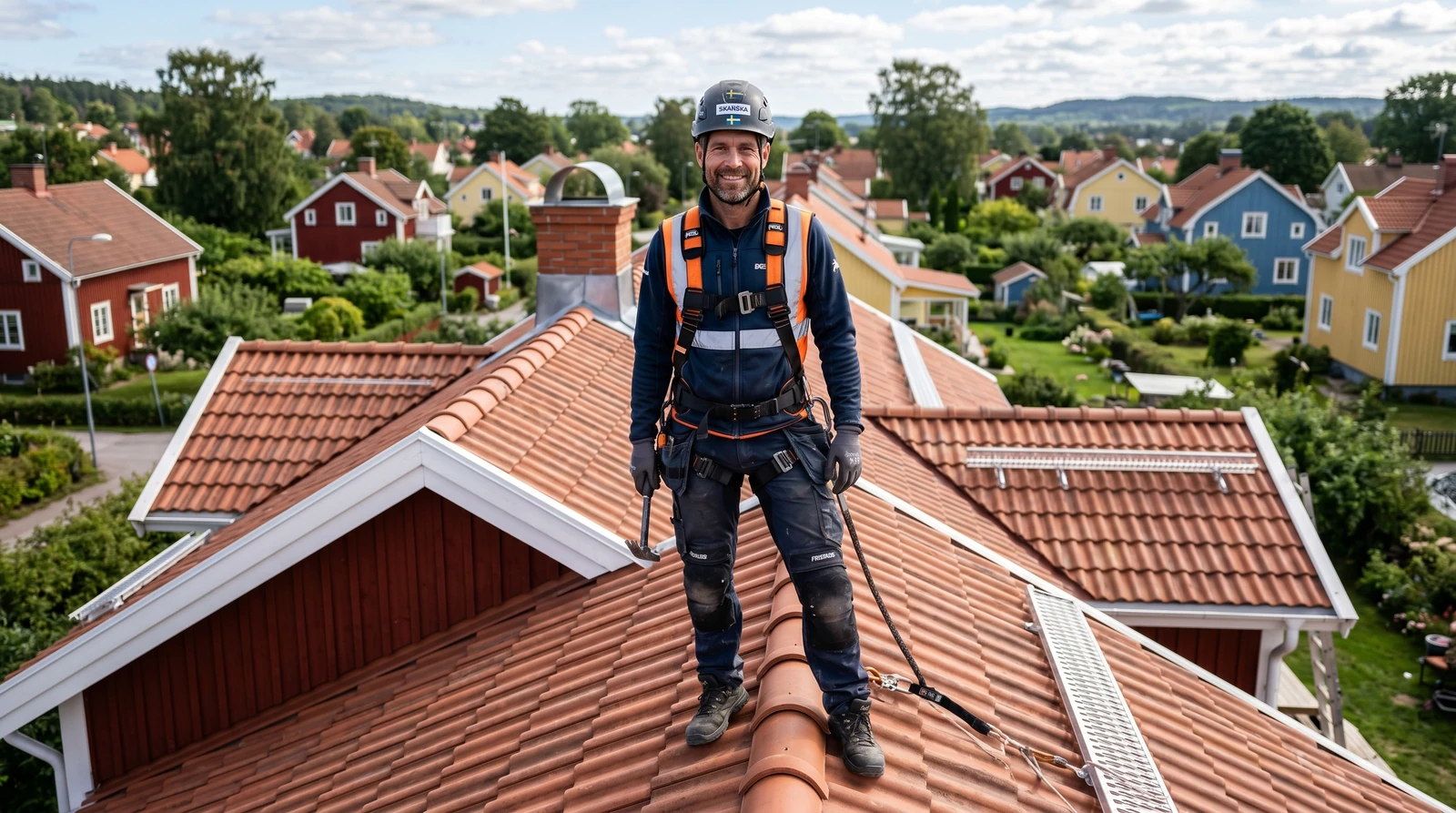 Takläggare lön – takläggare arbetar med takpannor på villa