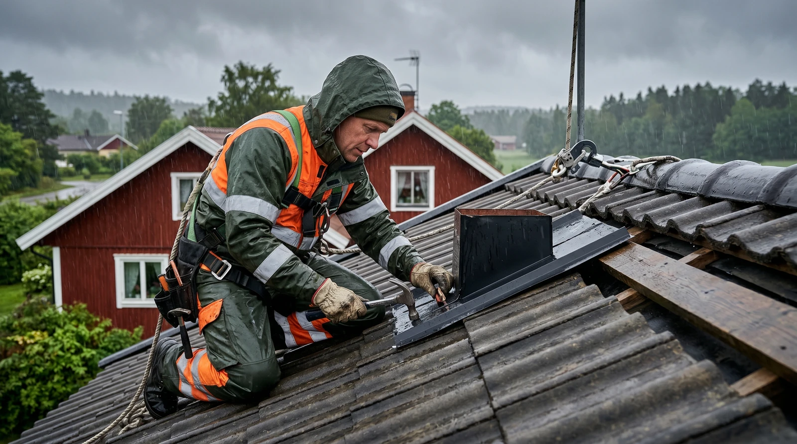 Takläggare regnar vintervädert – presenning skyddar tak under regn