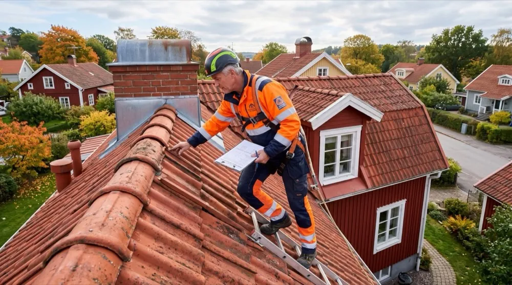 Takläggare i fallskyddsutrustning klättrar takstege med glidskydd mot skorsten under besiktning
