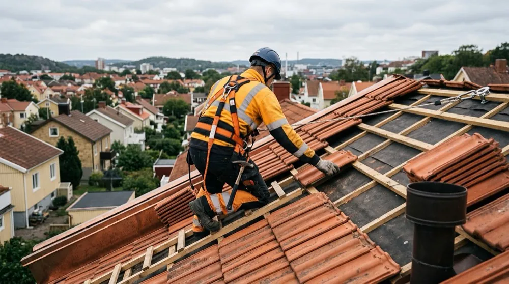 Takläggare med fallskydd och förankringspunkt lägger tegelpannor på sluttande tak