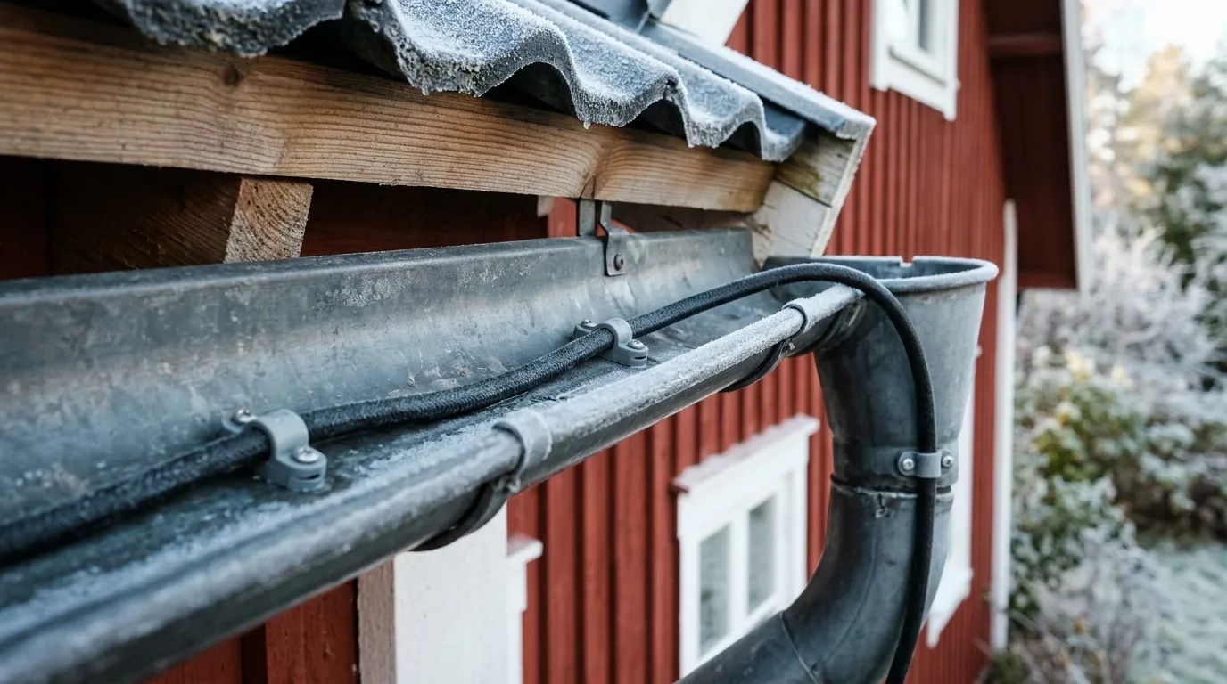 Värmekabel fäst med clips i botten av hängränna och nerdragen i stupröret på villa med frost