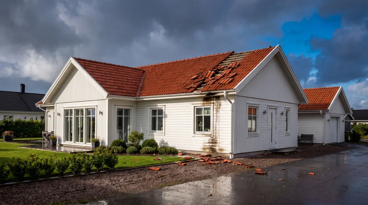 Före – Kustvilla i Varberg – akut tarp-täckning efter höststorm