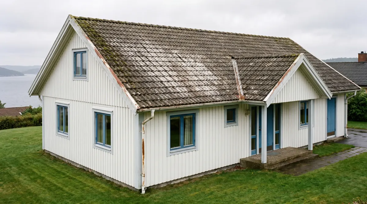 Före – Villa i Uddevalla – takbyte med havsbeständiga material vid Byfjorden