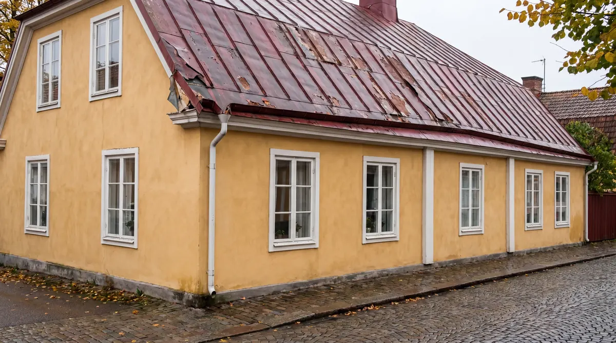 Före – Villa i Åmål centrum – falsat plåttak på 1700-talsfastighet