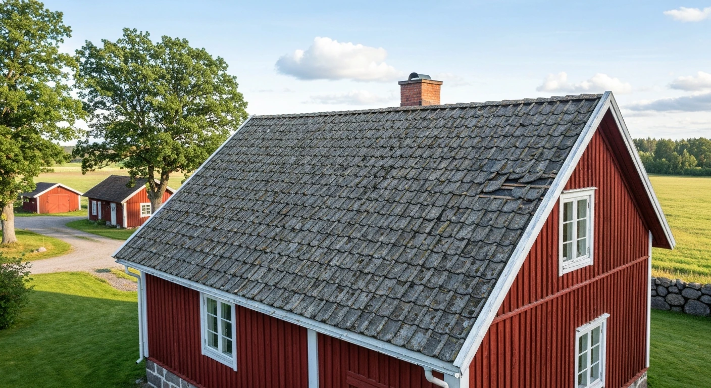 Före – Landsbygdsvilla i Falköping – takbyte med traditionell Mariestadstegel