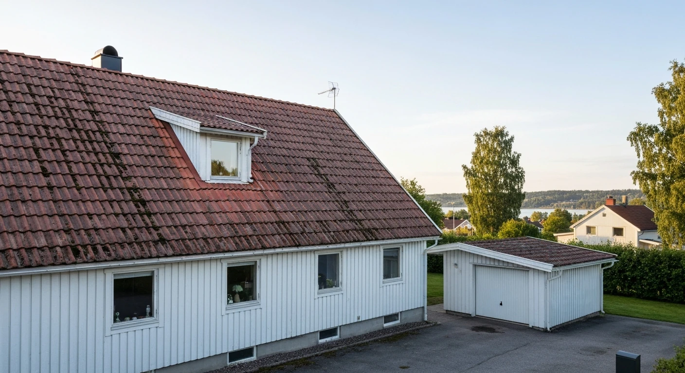 Före – Villa i Kungälv – komplett takbyte med dark anthracite betongpannor
