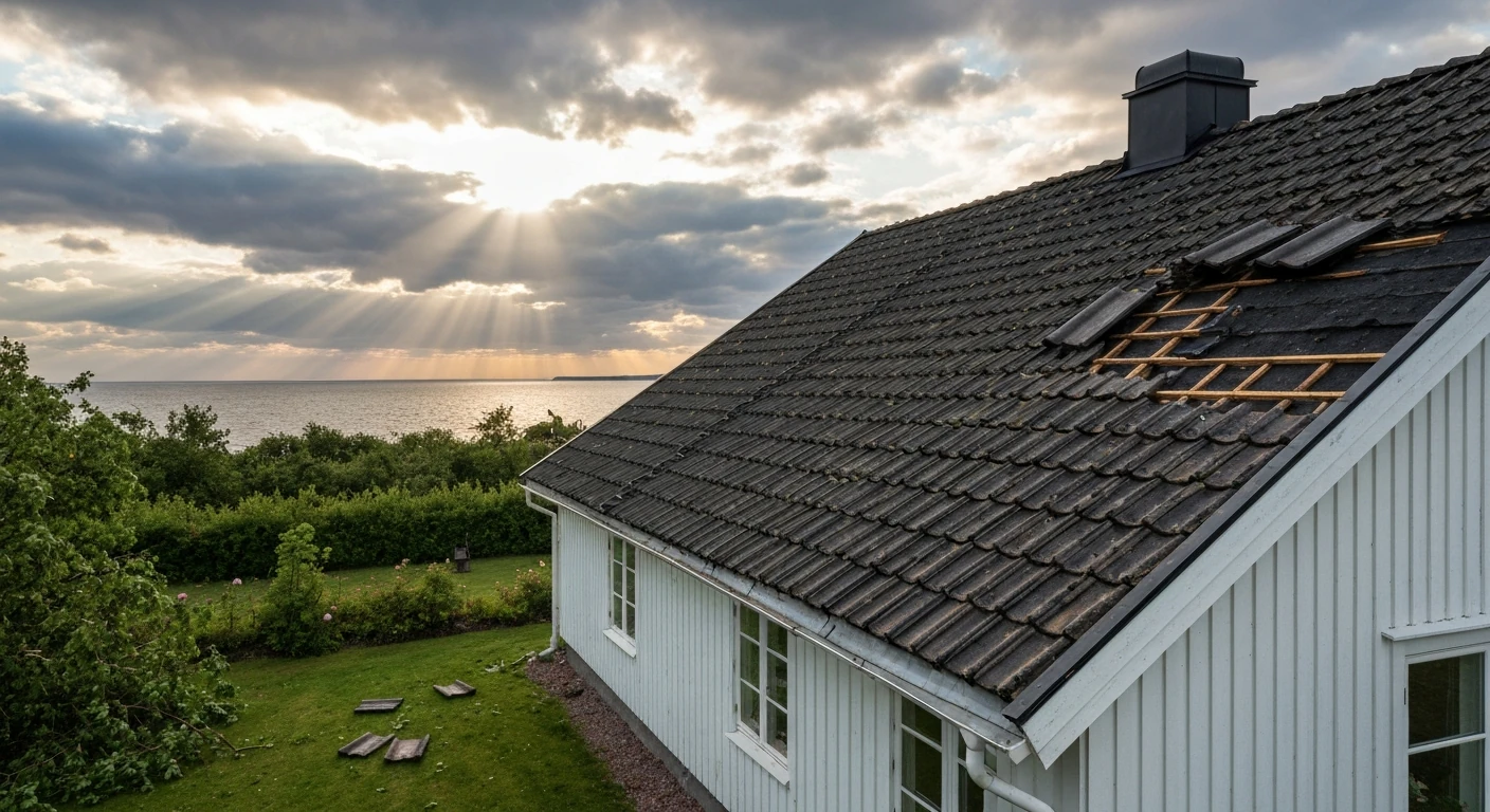 Före – Onsala – akut takjour efter höststorm med pannlyft
