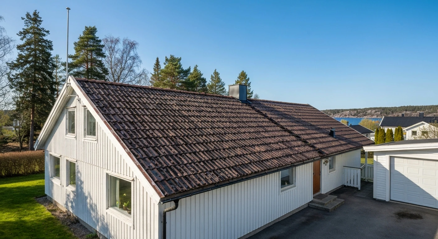 Före – Villa i Uddevalla – takmålning av faded brun-pannetak