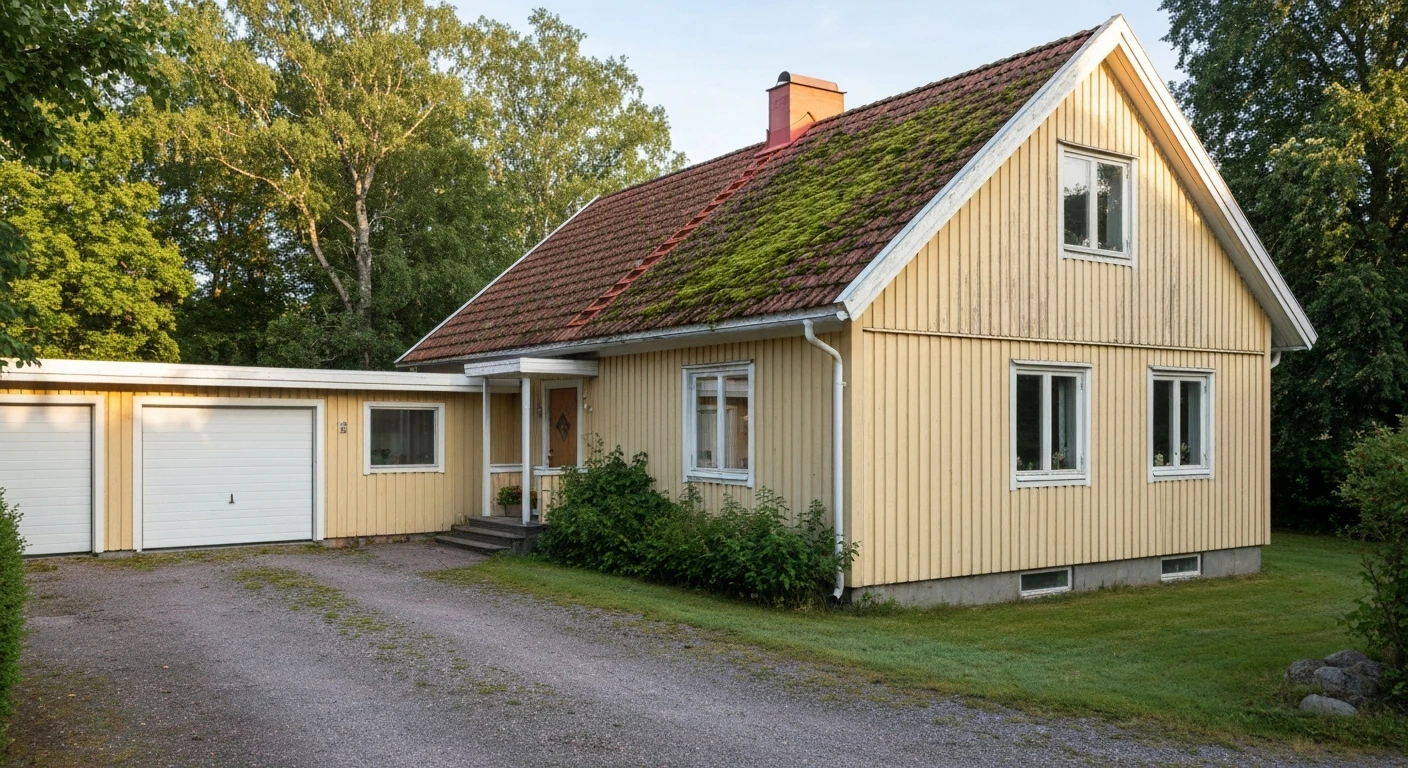 Före – Villa i Skövde – taktvätt och takmålning av mossiga röda pannor