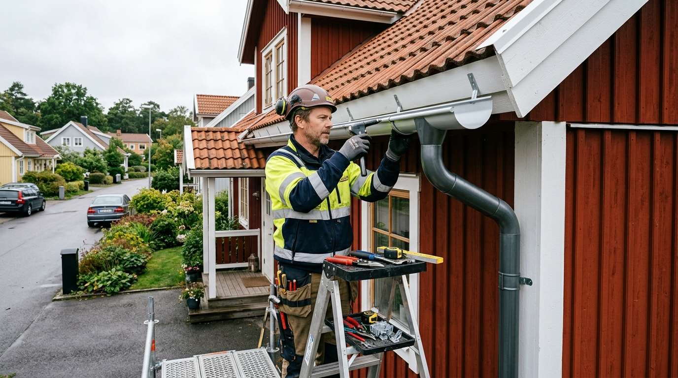 Plåtslagare installerar zinkränna på villa i Göteborg