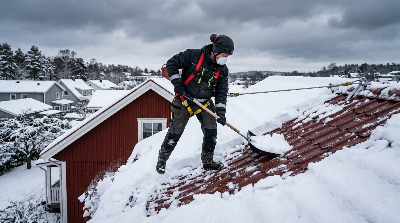 Professionell snöskottning av tak med säkerhetsselar
