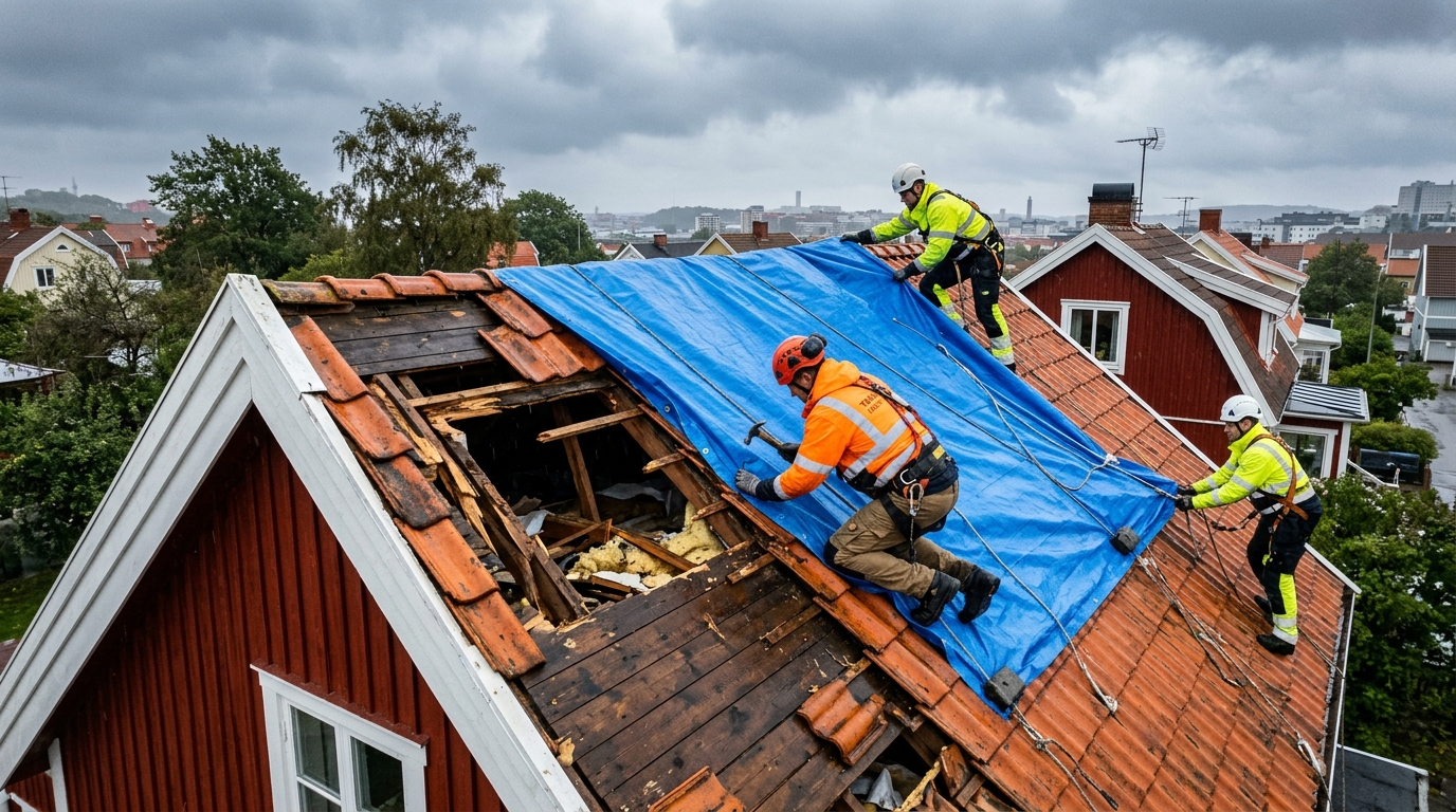 Akut taklagning efter stormskada i Göteborg