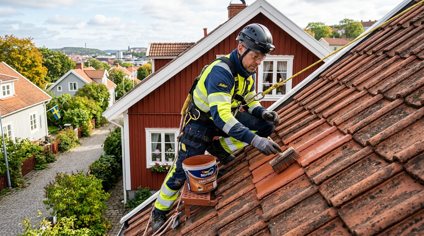 Takmålning på tegelpannetak i Göteborg