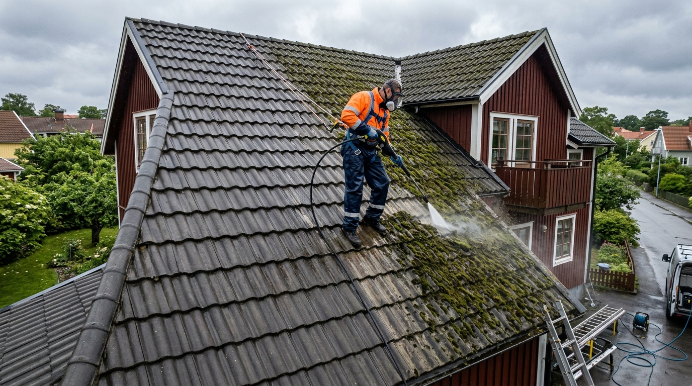 Högtryckstvätt av tak med mossbeläggning i Göteborg
